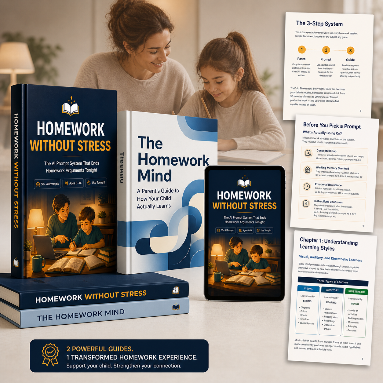 Homework Without Stress — book cover, iPad preview, and sample interior pages